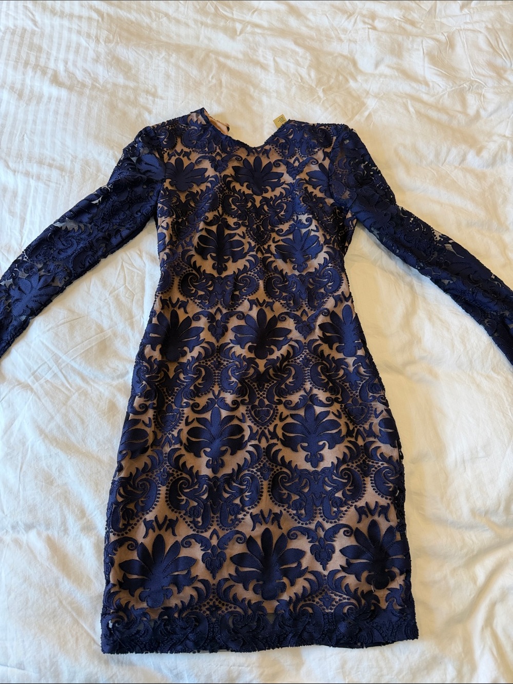 H&M Navy Lace Long-Sleeve Sheath Dress with Nude Underlay